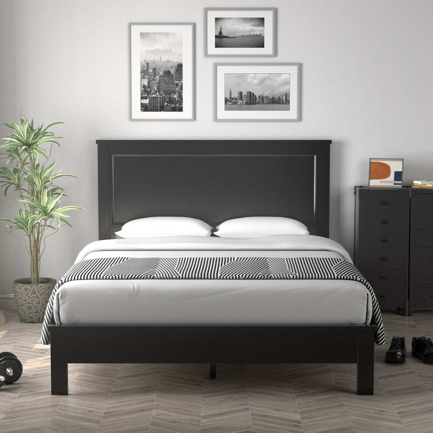 Premium Queen Size Platform Bed Frame with High Headboard and Solid Rubber Wood Legs – Black