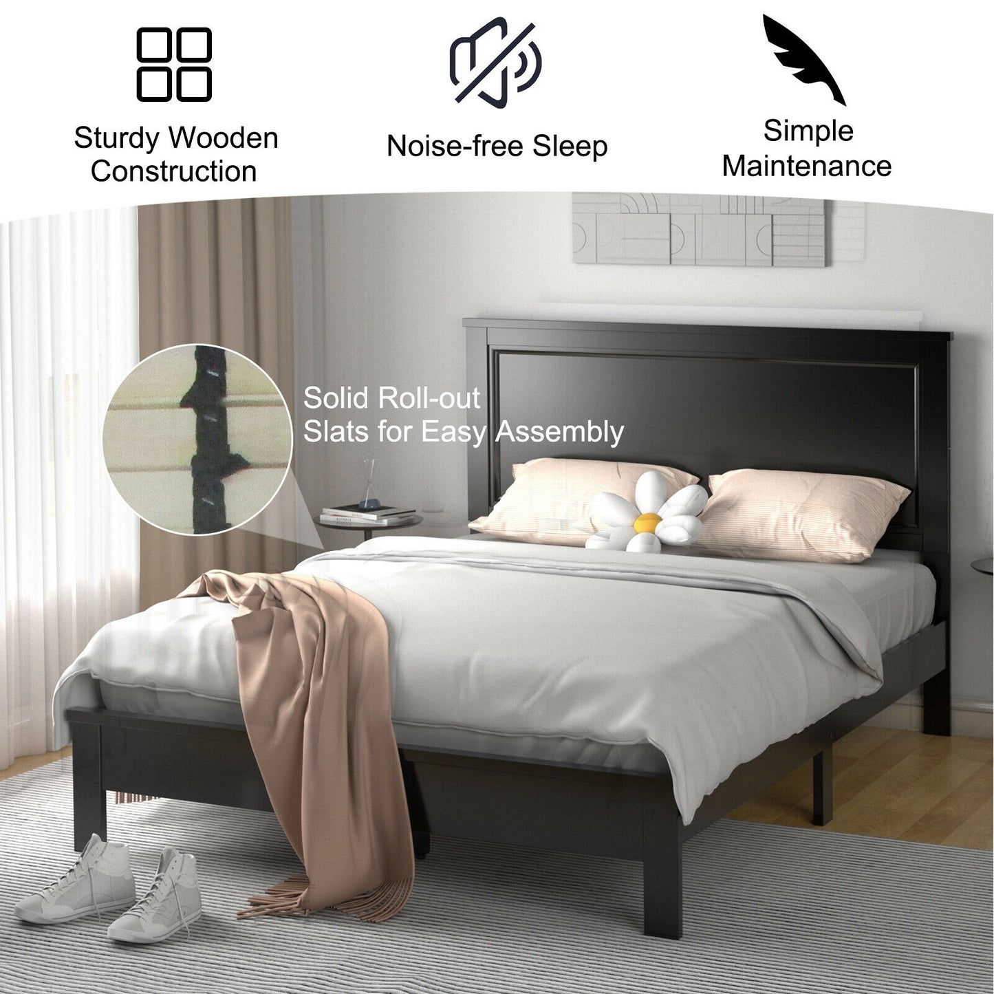 Premium Queen Size Platform Bed Frame with High Headboard and Solid Rubber Wood Legs – Black