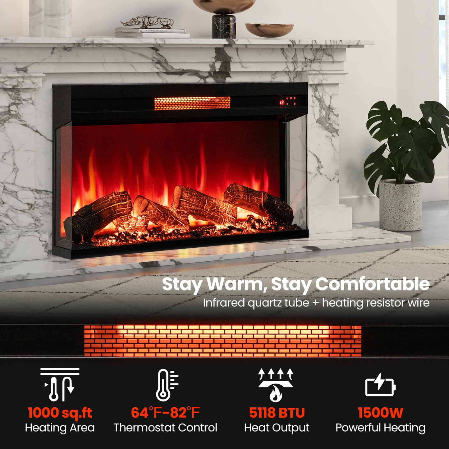 36 Inch 3-Sided Electric Fireplace 1500W with 7 Color Flame Effect