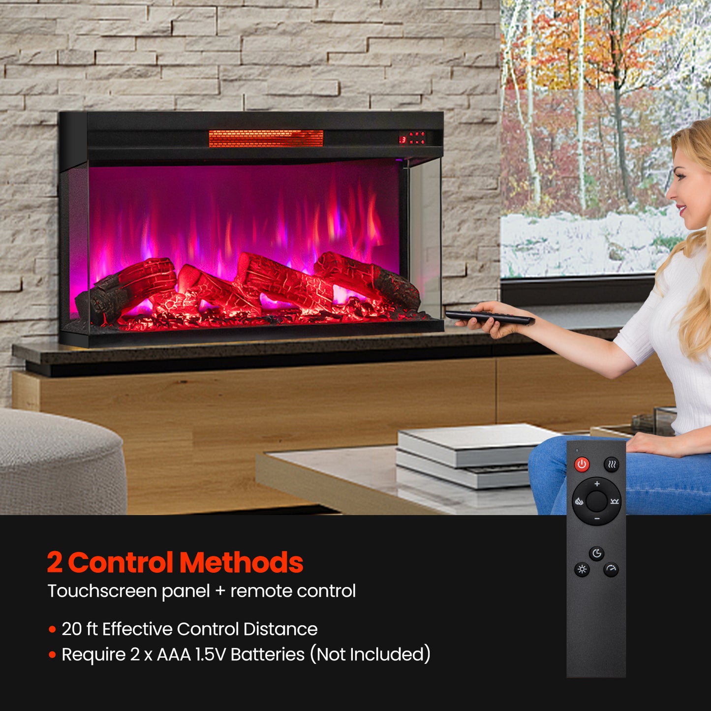 36 Inch 3-Sided Electric Fireplace 1500W with 7 Color Flame Effect