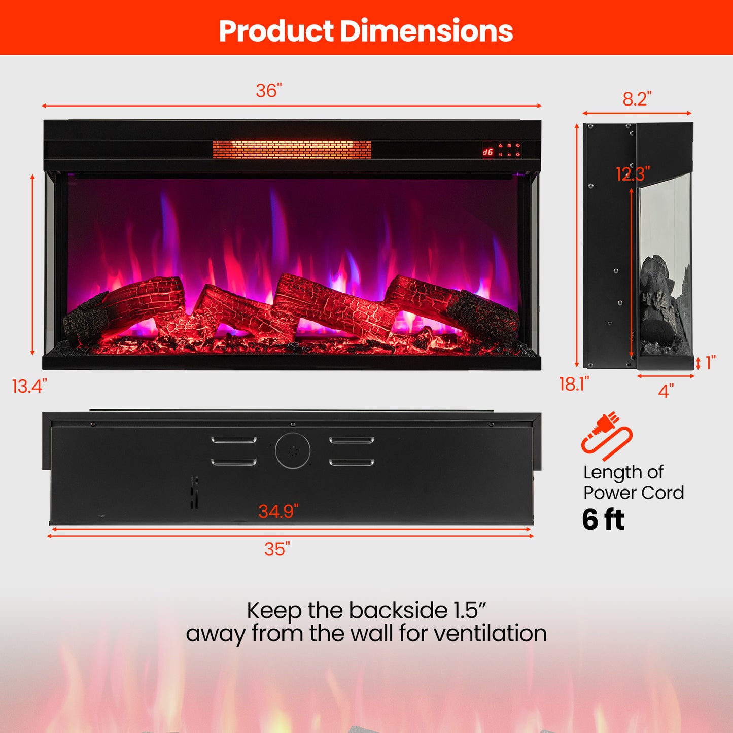 36 Inch 3-Sided Electric Fireplace 1500W with 7 Color Flame Effect