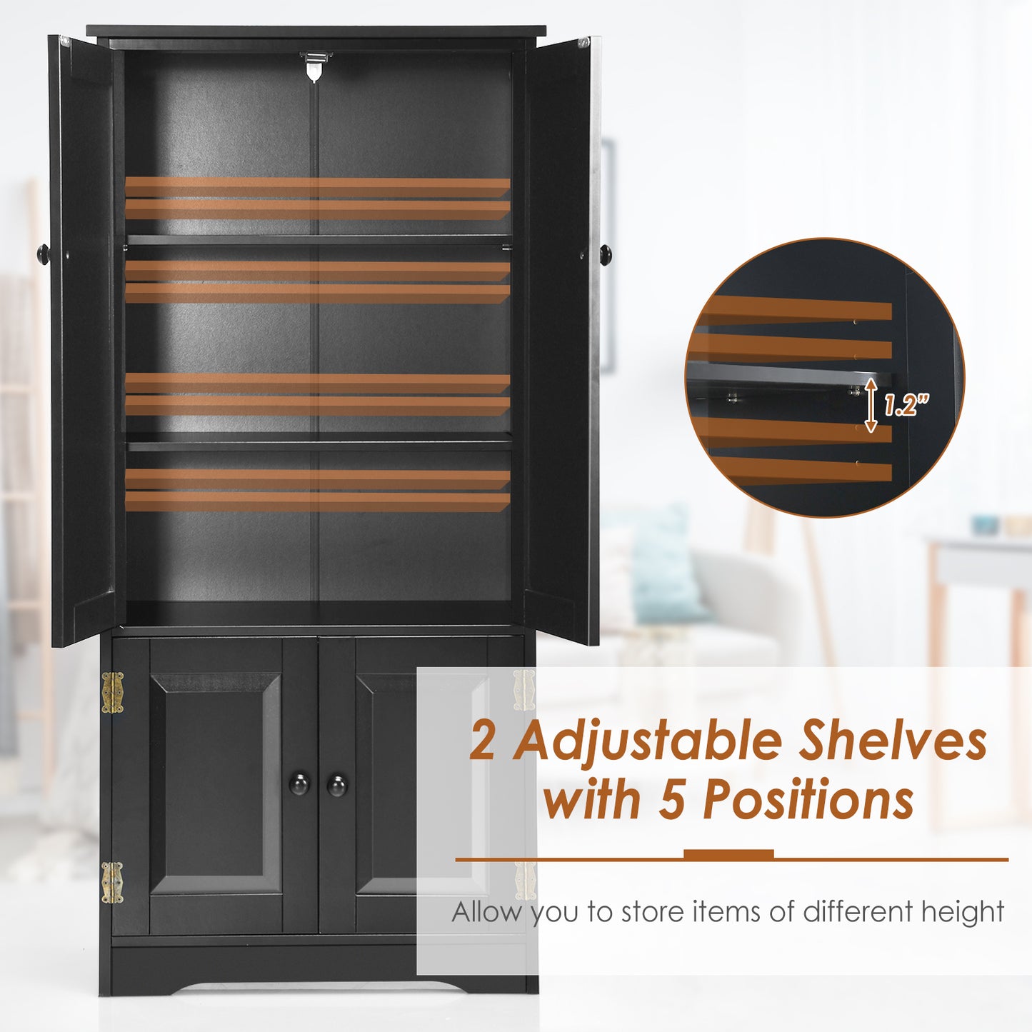Antique 2 Door Accent Floor Cabinet with Adjustable Shelves and Spacious Storage - Black
