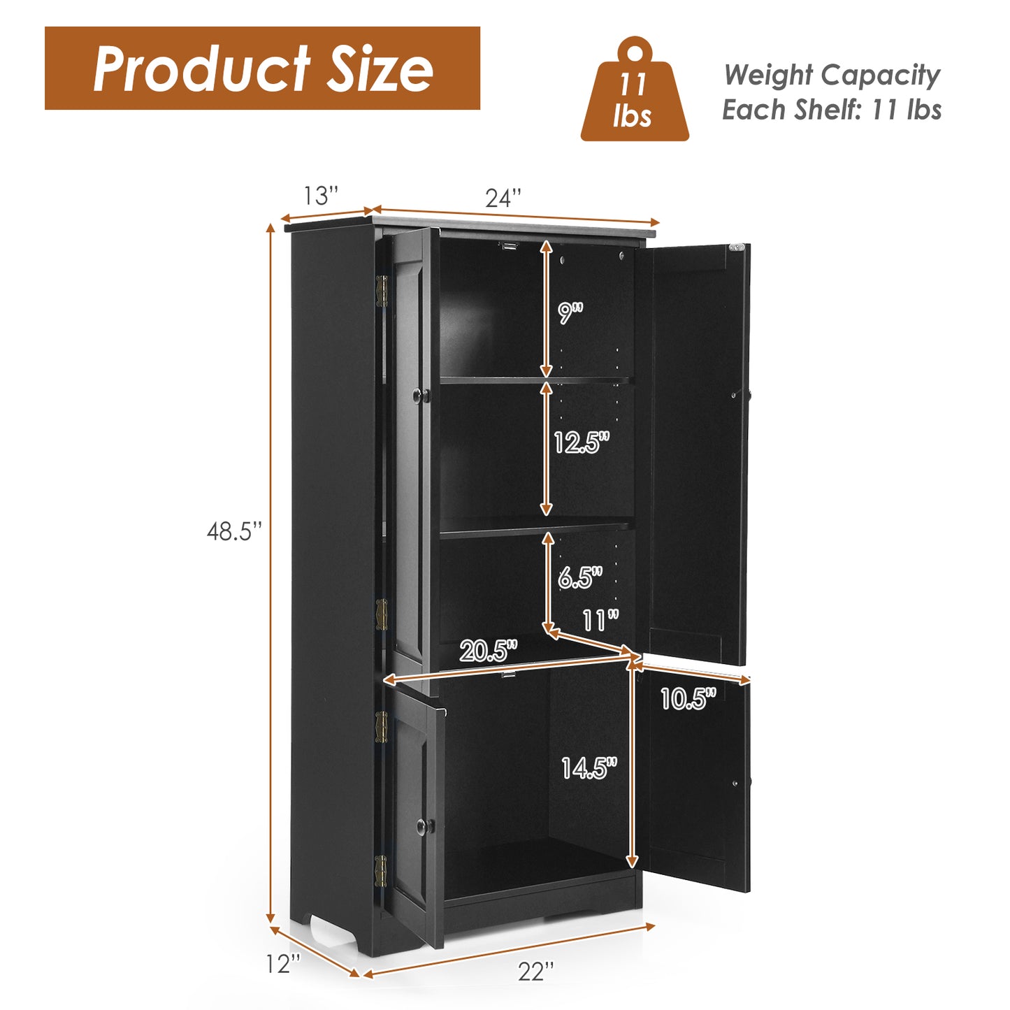 Antique 2 Door Accent Floor Cabinet with Adjustable Shelves and Spacious Storage - Black