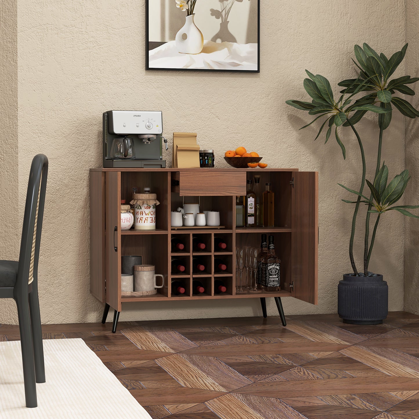 Modern Buffet Cabinet with Wine Rack Storage Drawer and Adjustable Shelves