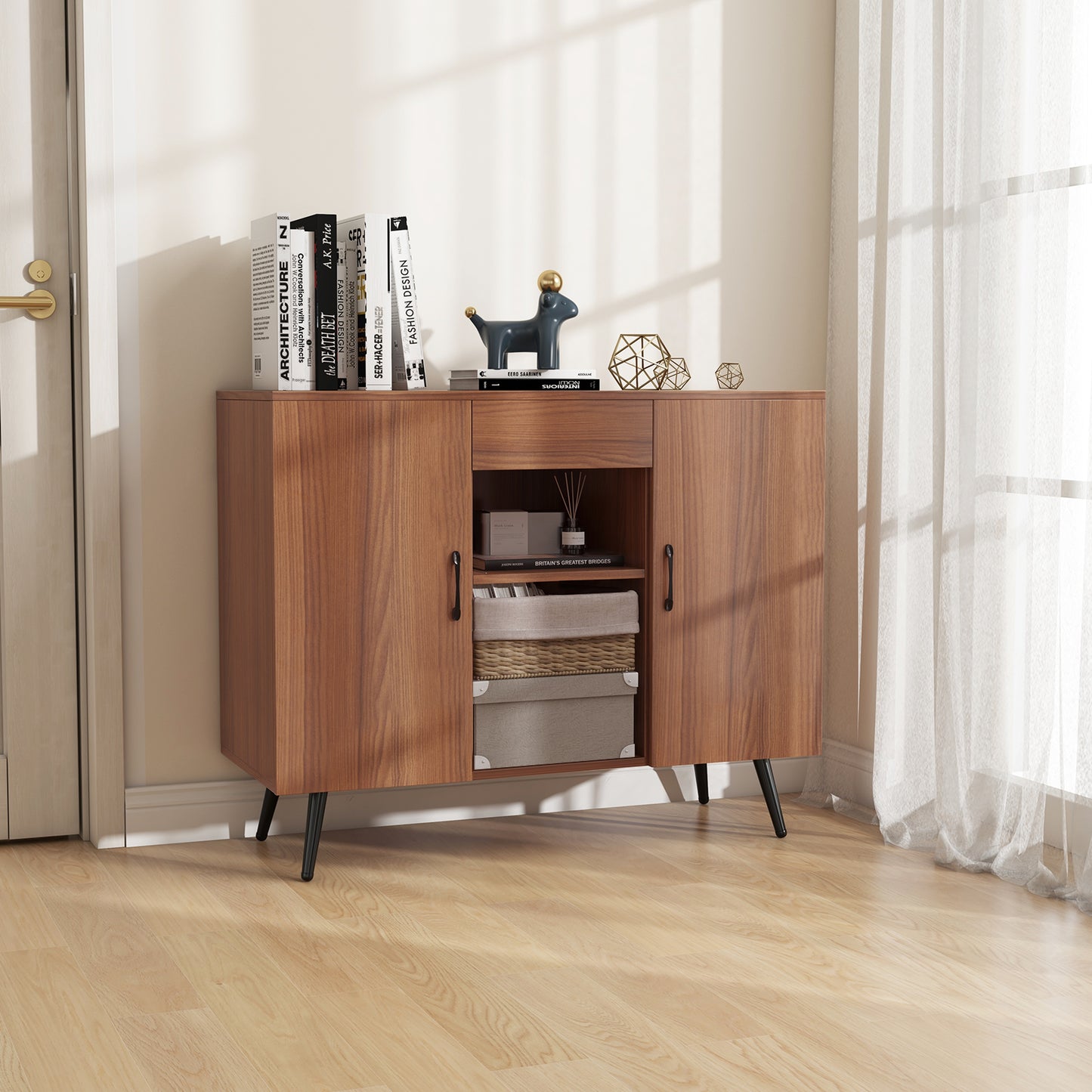 Modern Buffet Cabinet with Wine Rack Storage Drawer and Adjustable Shelves