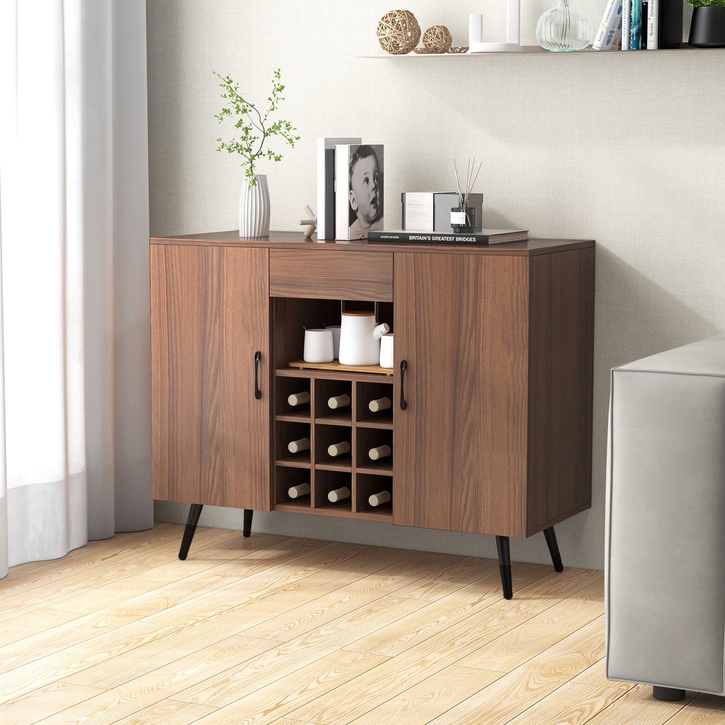 Modern Buffet Cabinet with Wine Rack Storage Drawer and Adjustable Shelves
