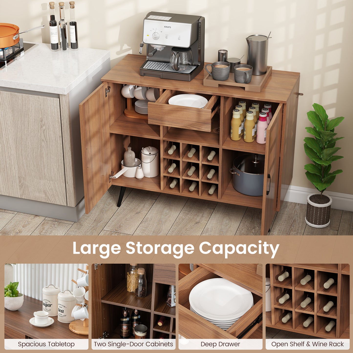 Modern Buffet Cabinet with Wine Rack Storage Drawer and Adjustable Shelves