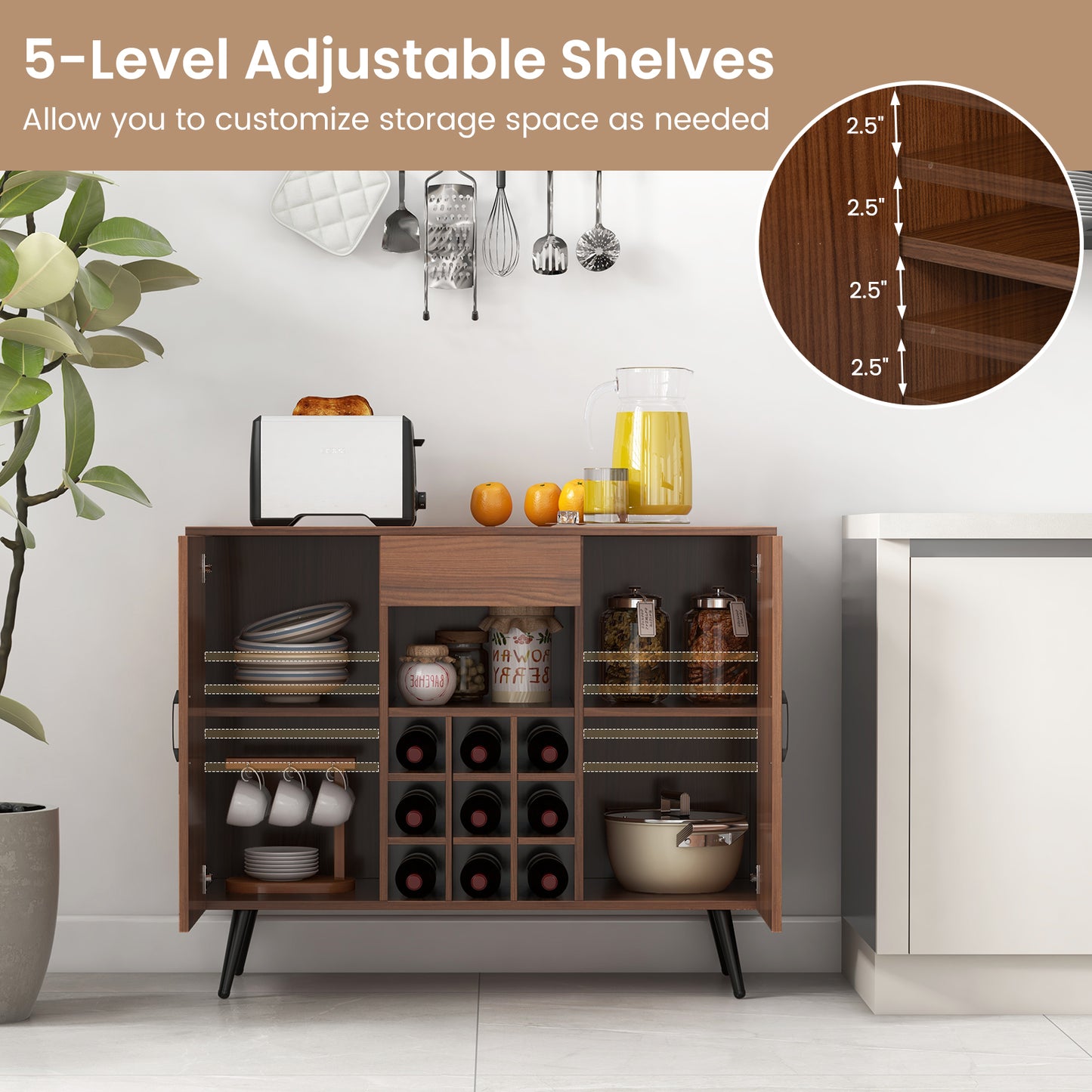 Modern Buffet Cabinet with Wine Rack Storage Drawer and Adjustable Shelves