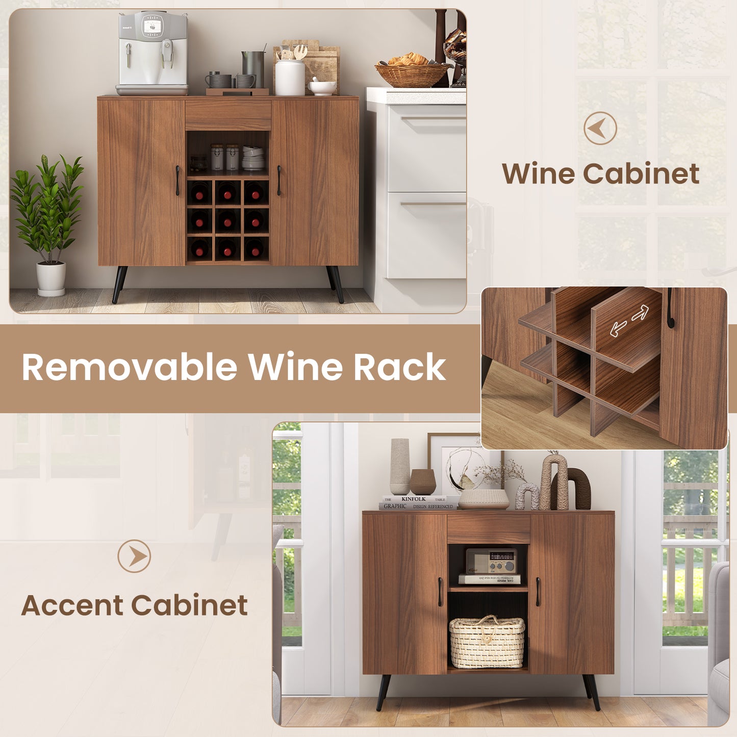 Modern Buffet Cabinet with Wine Rack Storage Drawer and Adjustable Shelves