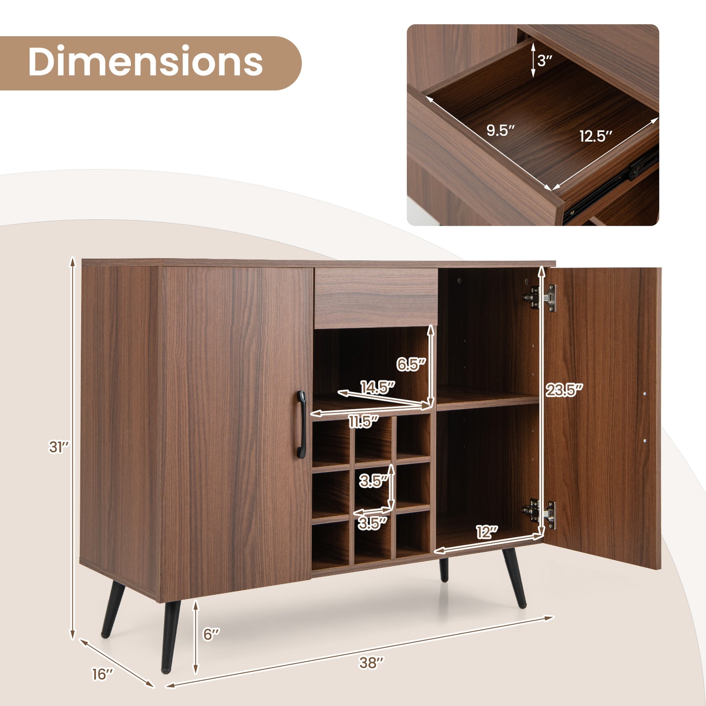 Modern Buffet Cabinet with Wine Rack Storage Drawer and Adjustable Shelves