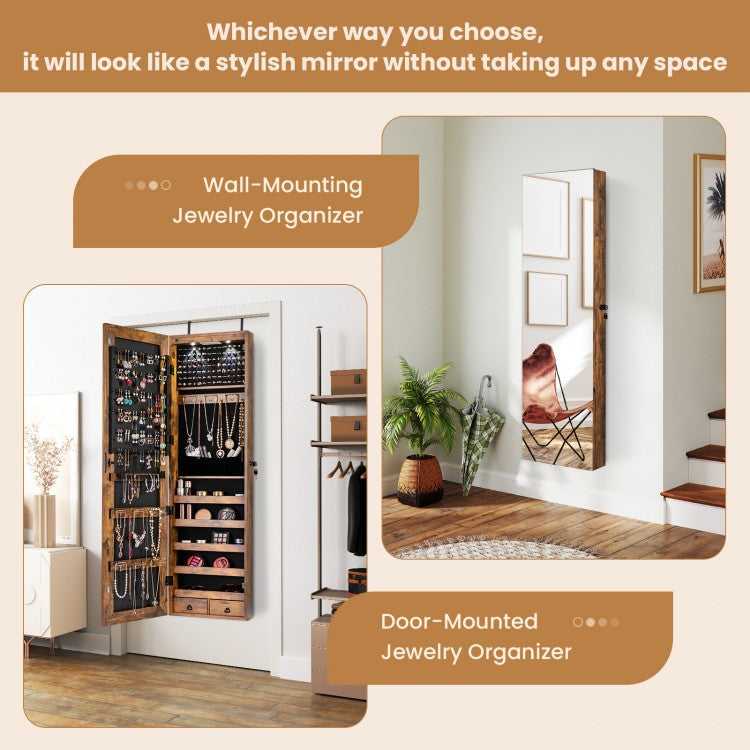 LED Lighted Mirrored Jewelry Cabinet Armoire for Wall or Door Mount – Rustic Brown