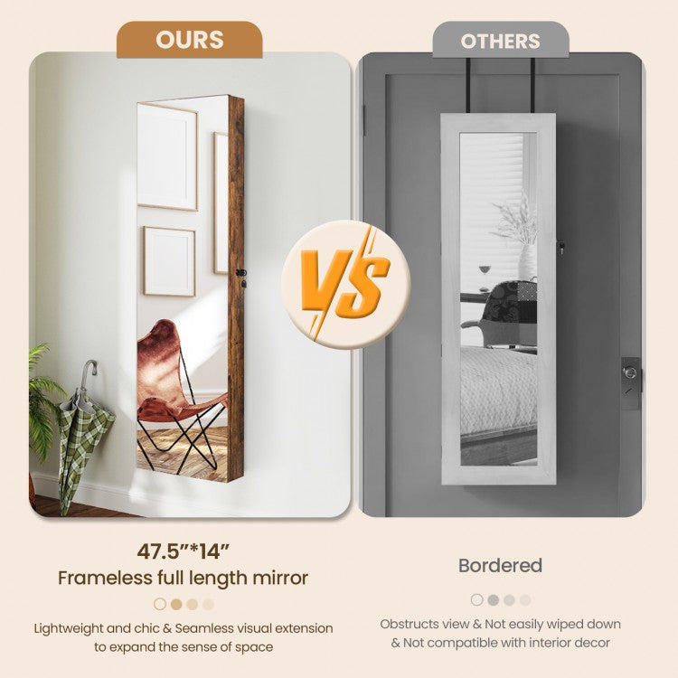 LED Lighted Mirrored Jewelry Cabinet Armoire for Wall or Door Mount – Rustic Brown