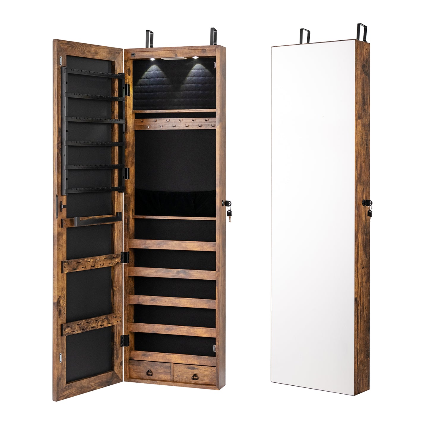 LED Lighted Mirrored Jewelry Cabinet Armoire for Wall or Door Mount – Rustic Brown