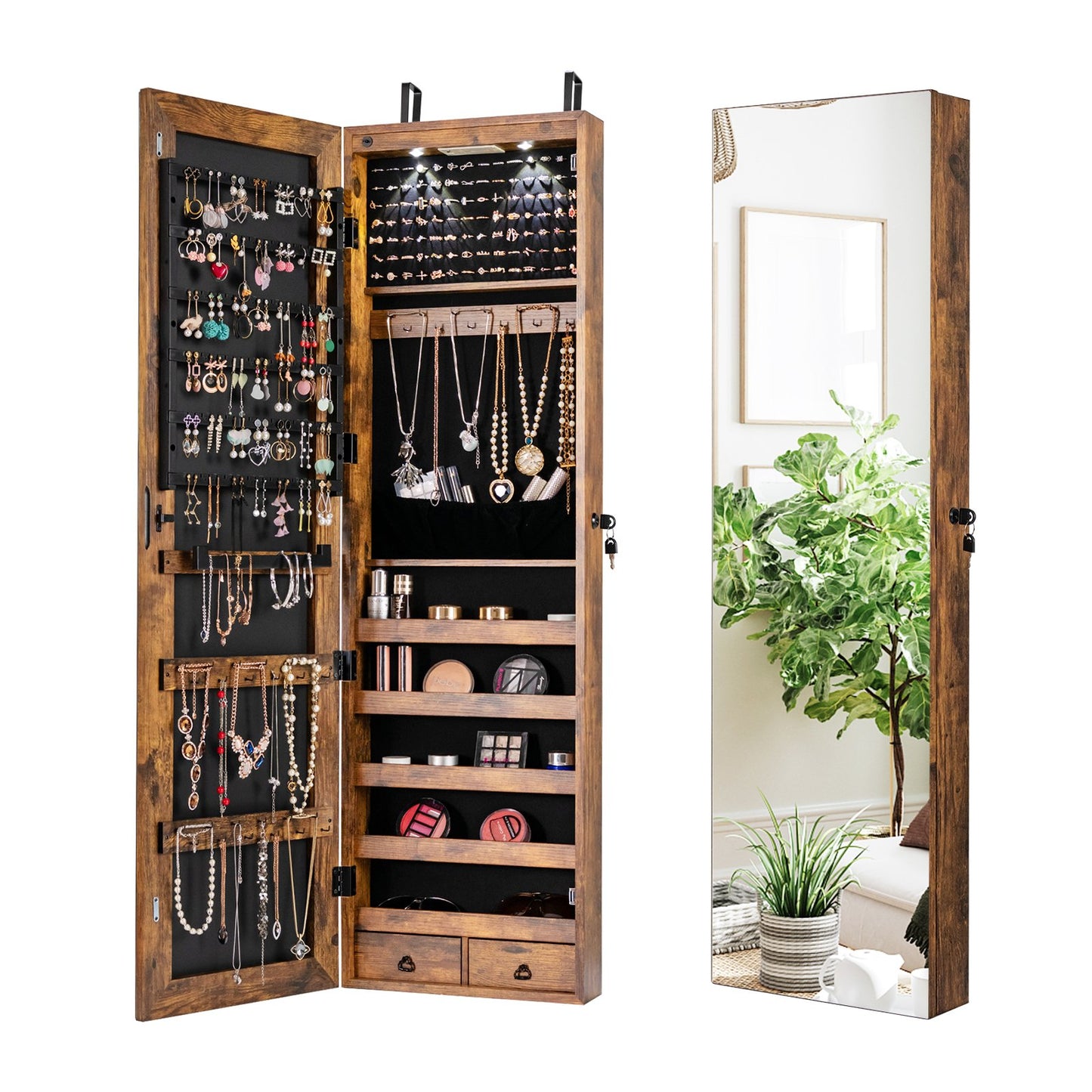 LED Lighted Mirrored Jewelry Cabinet Armoire for Wall or Door Mount – Rustic Brown