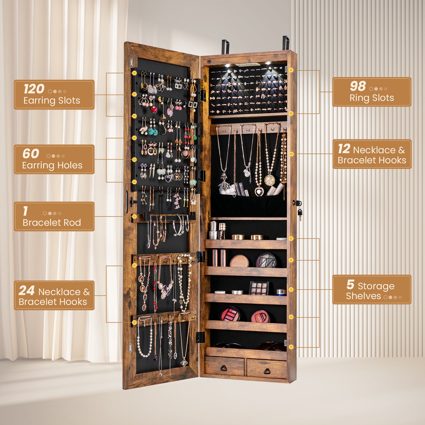 LED Lighted Mirrored Jewelry Cabinet Armoire for Wall or Door Mount – Rustic Brown