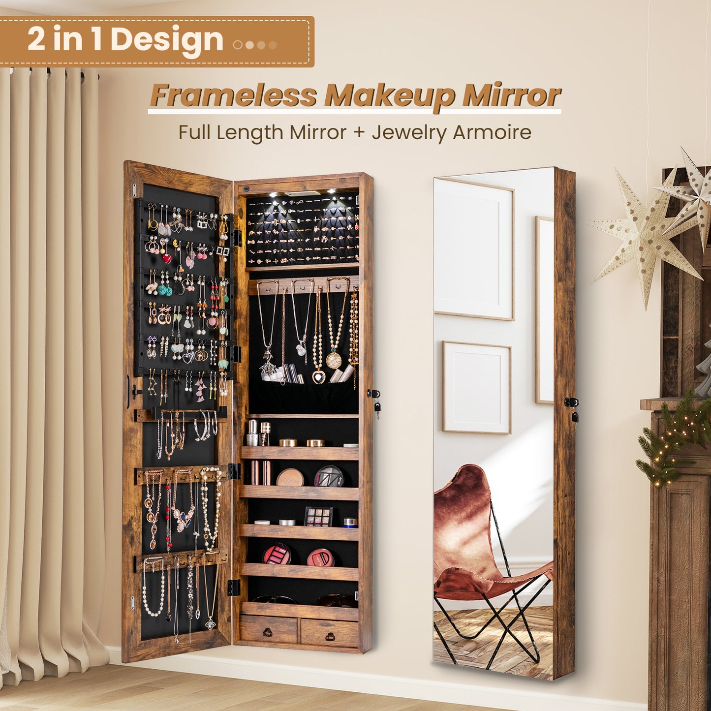 LED Lighted Mirrored Jewelry Cabinet Armoire for Wall or Door Mount – Rustic Brown