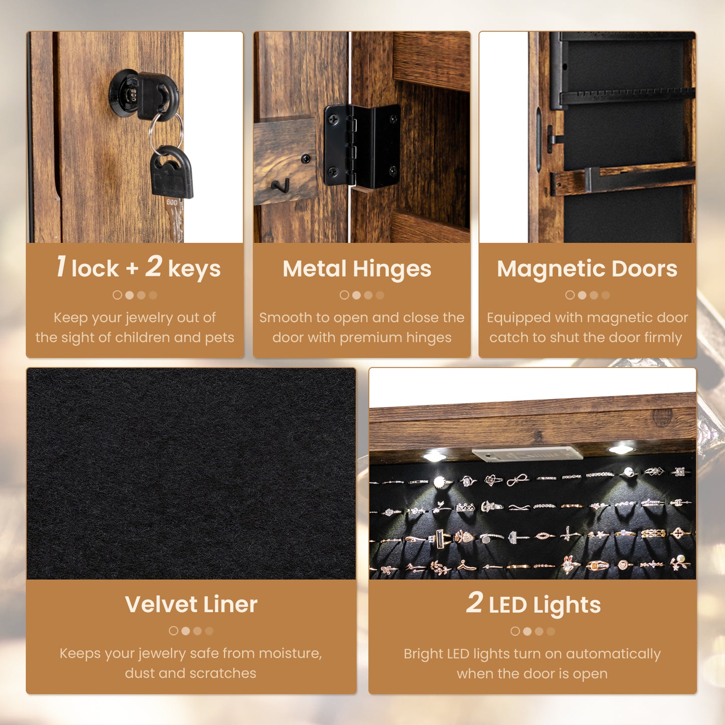 LED Lighted Mirrored Jewelry Cabinet Armoire for Wall or Door Mount – Rustic Brown