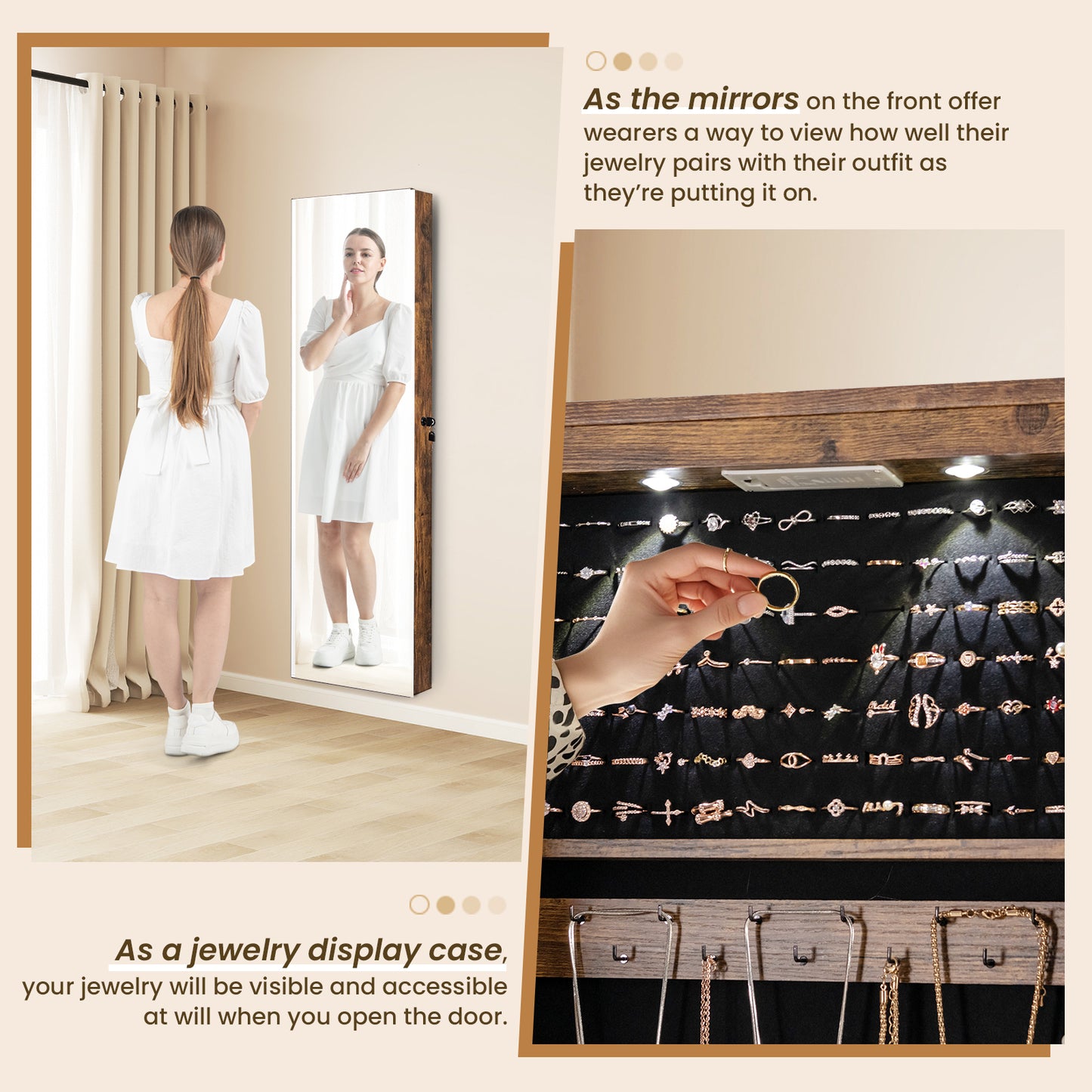 LED Lighted Mirrored Jewelry Cabinet Armoire for Wall or Door Mount – Rustic Brown