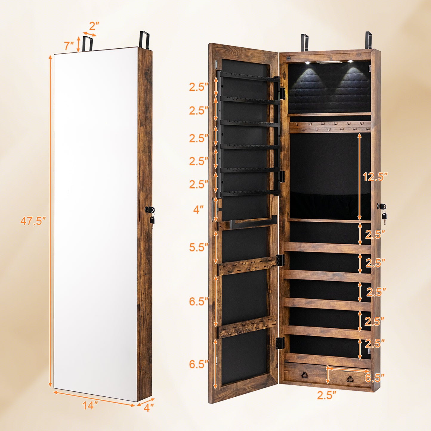 LED Lighted Mirrored Jewelry Cabinet Armoire for Wall or Door Mount – Rustic Brown