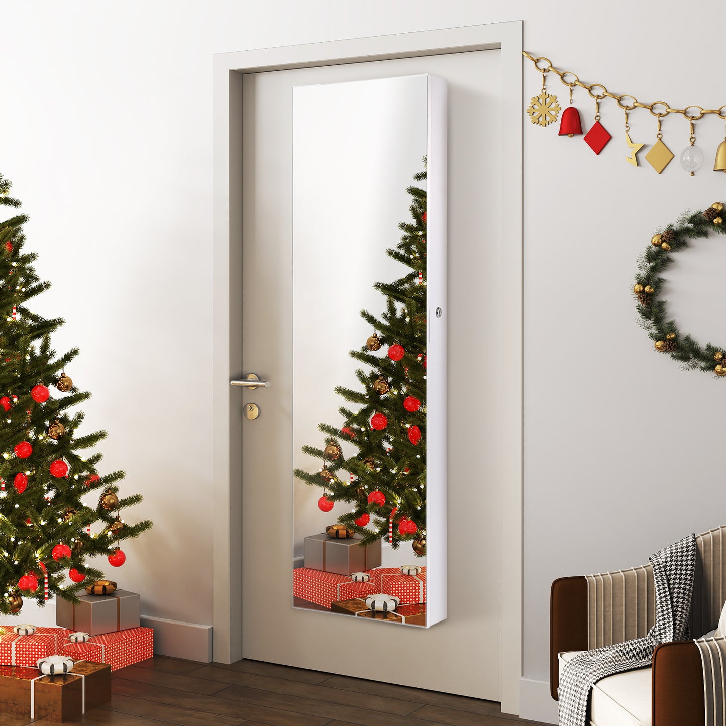 LED Lighted Mirrored Jewelry Cabinet Armoire for Wall or Door Mount – White