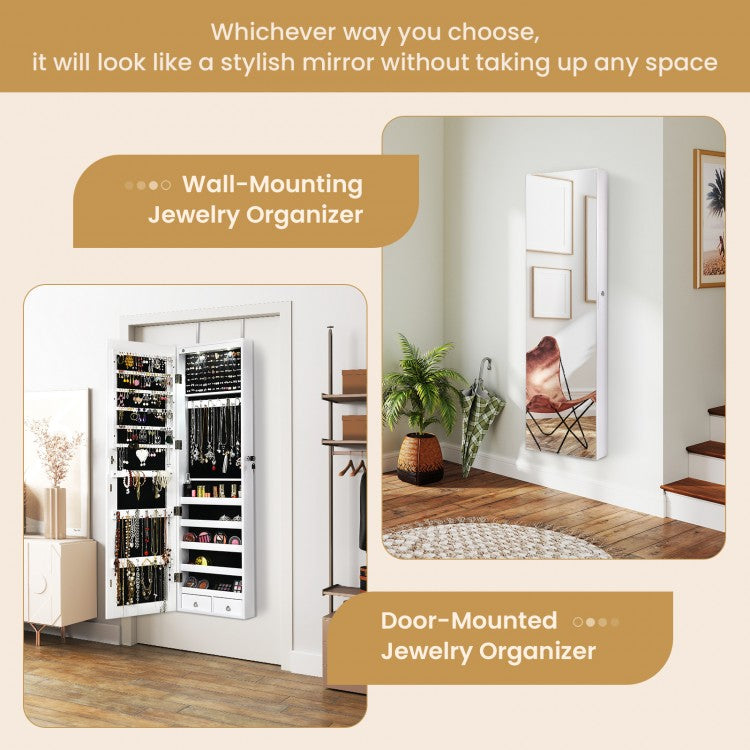 LED Lighted Mirrored Jewelry Cabinet Armoire for Wall or Door Mount – White