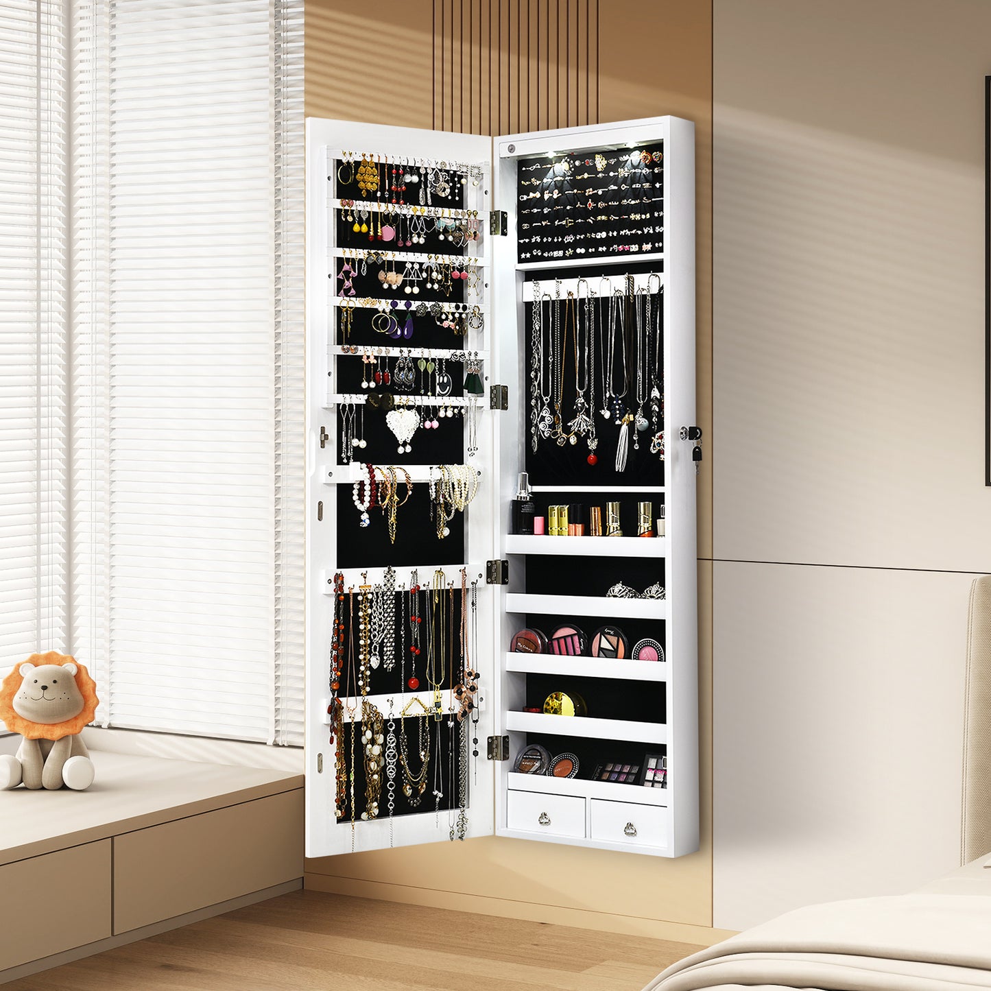 LED Lighted Mirrored Jewelry Cabinet Armoire for Wall or Door Mount – White