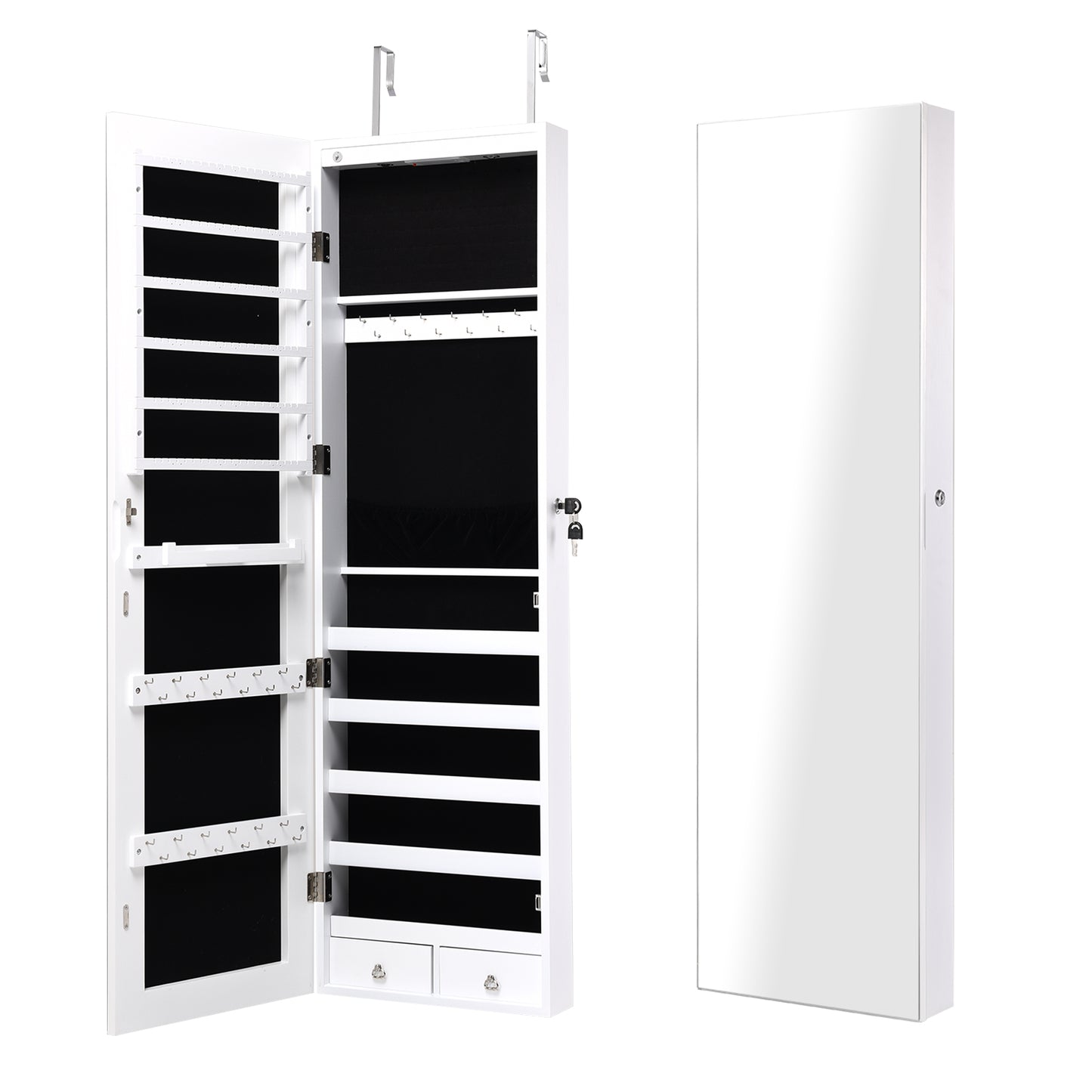 LED Lighted Mirrored Jewelry Cabinet Armoire for Wall or Door Mount – White