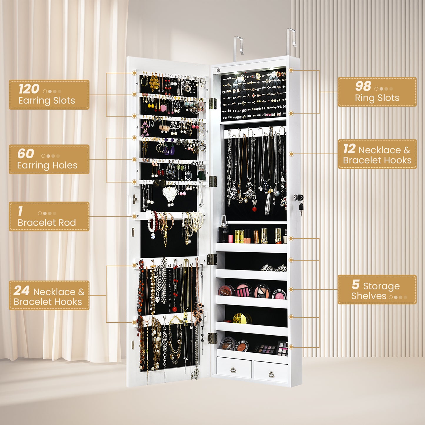 LED Lighted Mirrored Jewelry Cabinet Armoire for Wall or Door Mount – White