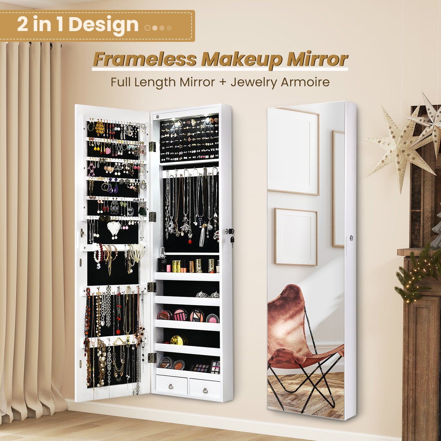 LED Lighted Mirrored Jewelry Cabinet Armoire for Wall or Door Mount – White