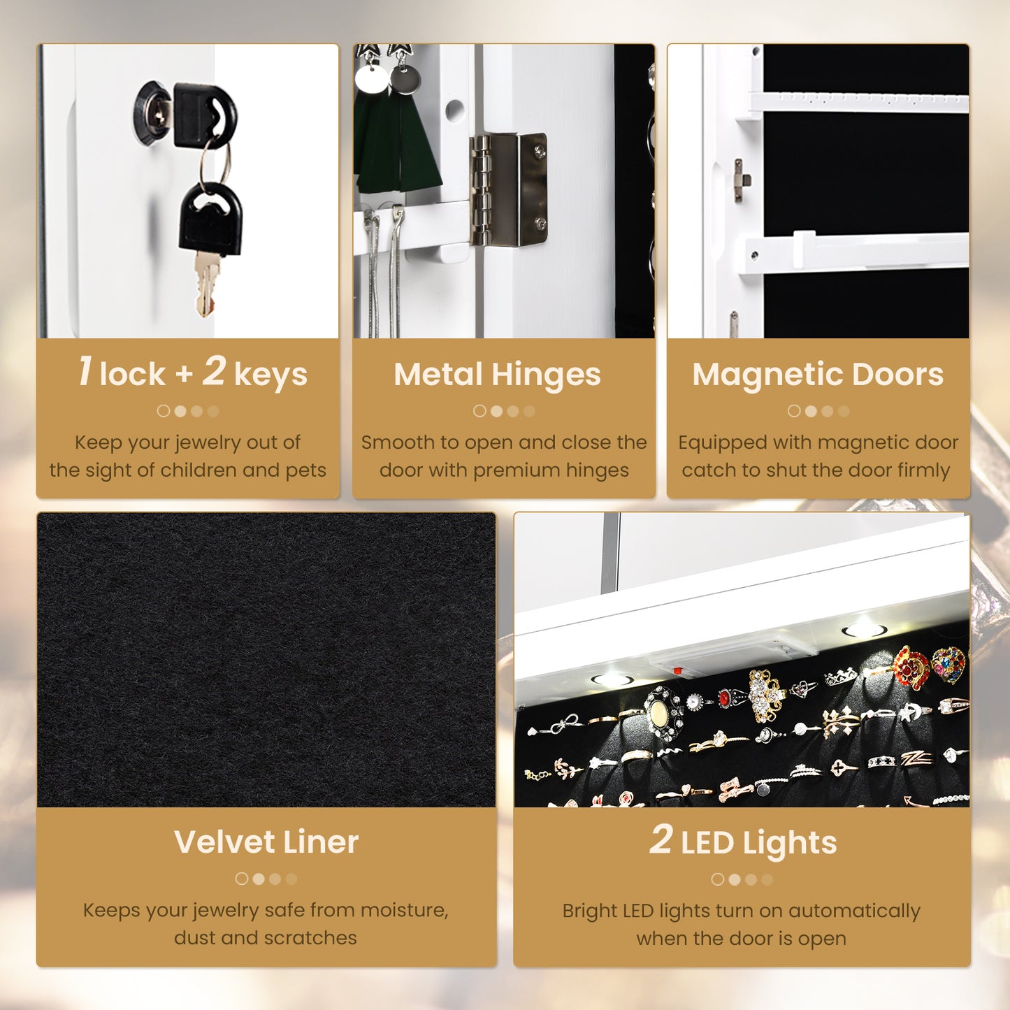 LED Lighted Mirrored Jewelry Cabinet Armoire for Wall or Door Mount – White