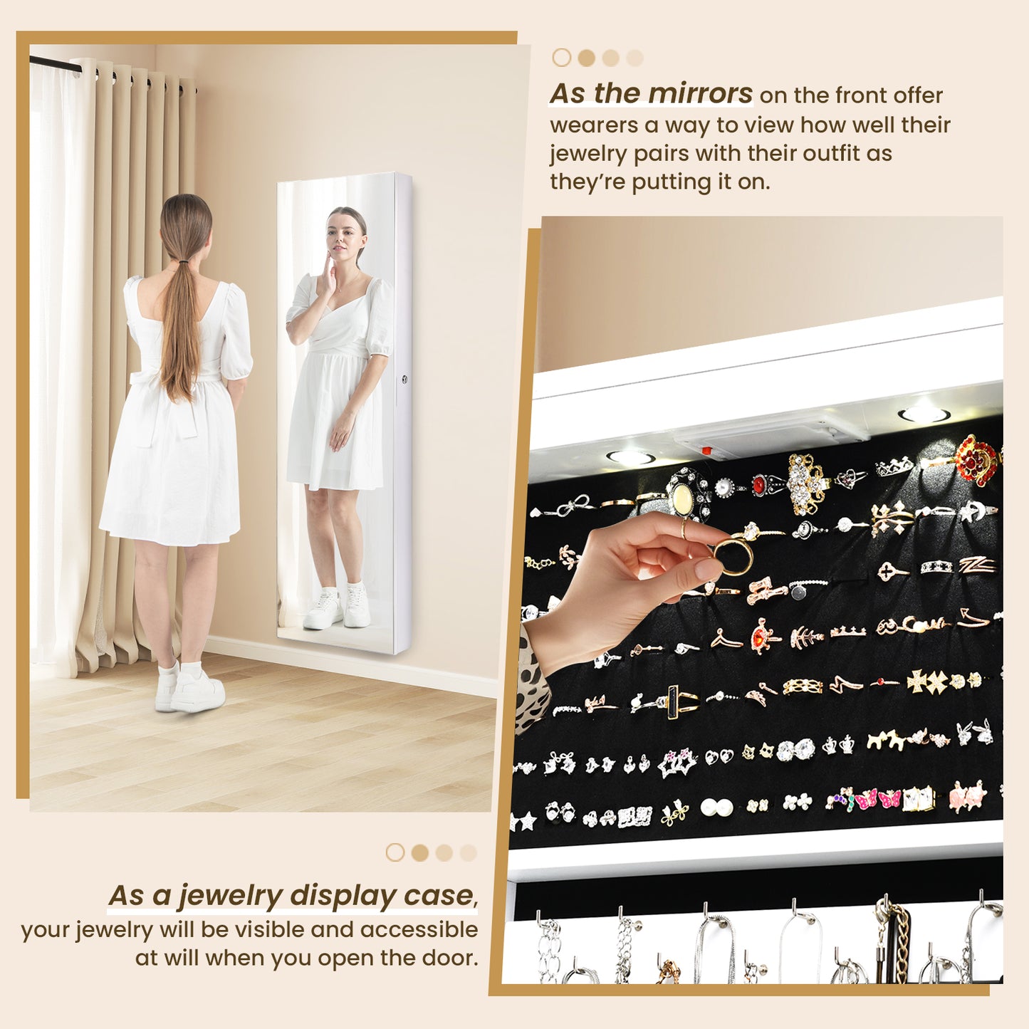 LED Lighted Mirrored Jewelry Cabinet Armoire for Wall or Door Mount – White