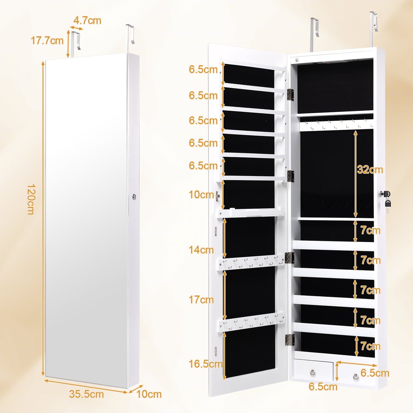 LED Lighted Mirrored Jewelry Cabinet Armoire for Wall or Door Mount – White