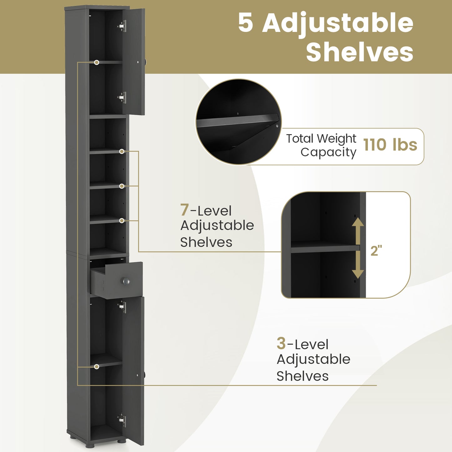 71 Inch Tall Freestanding Storage Cabinet with Adjustable Shelves and Anti-Tipping Device