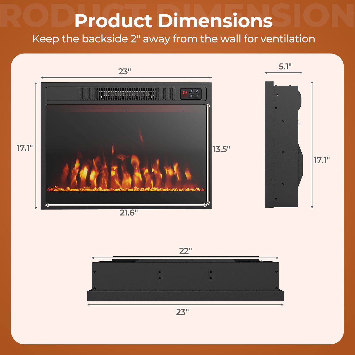 23 Inch Electric Fireplace Heater with Adjustable Flame Color and Brightness – 750W/1500W