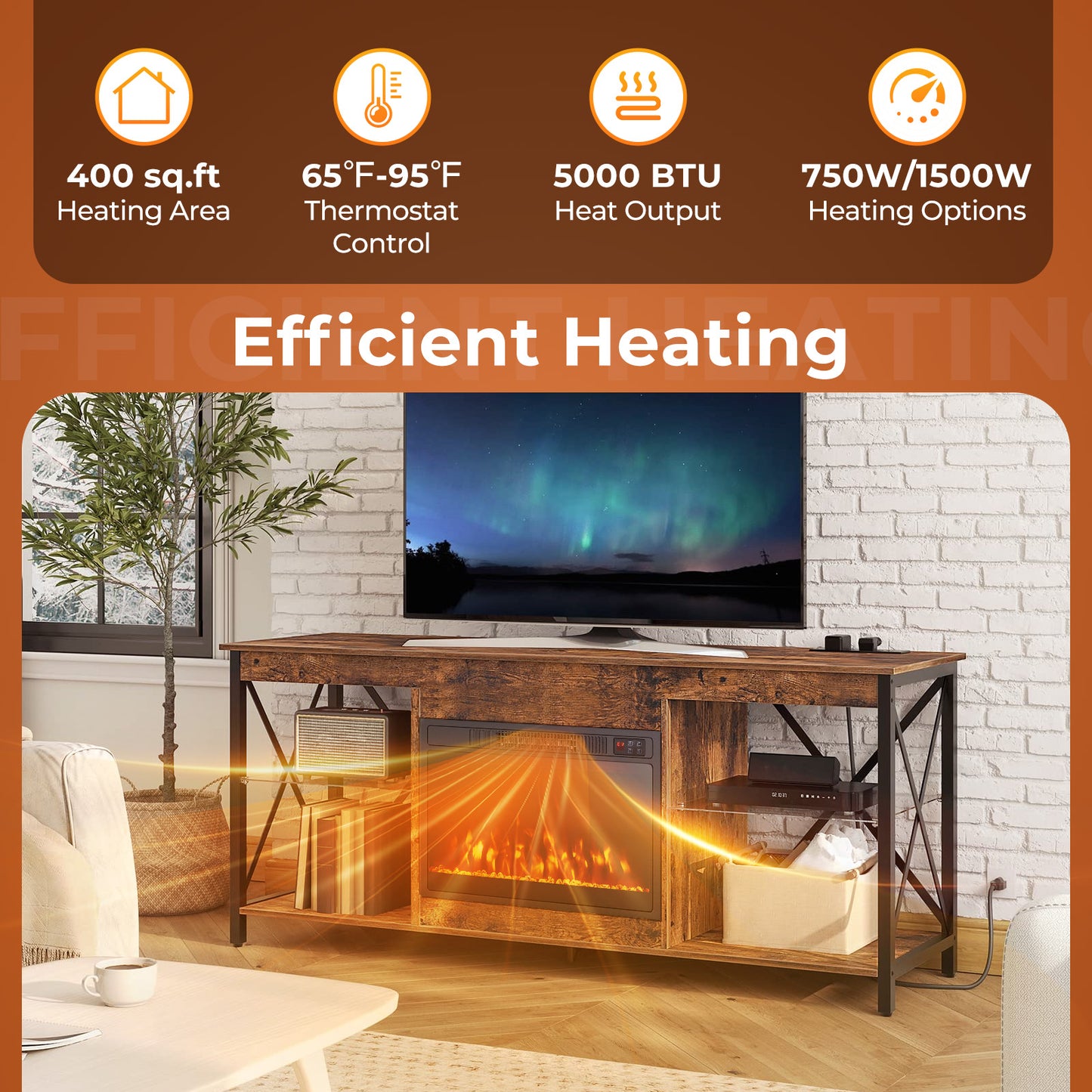 23 Inch Electric Fireplace Heater with Adjustable Flame Color and Brightness – 750W/1500W