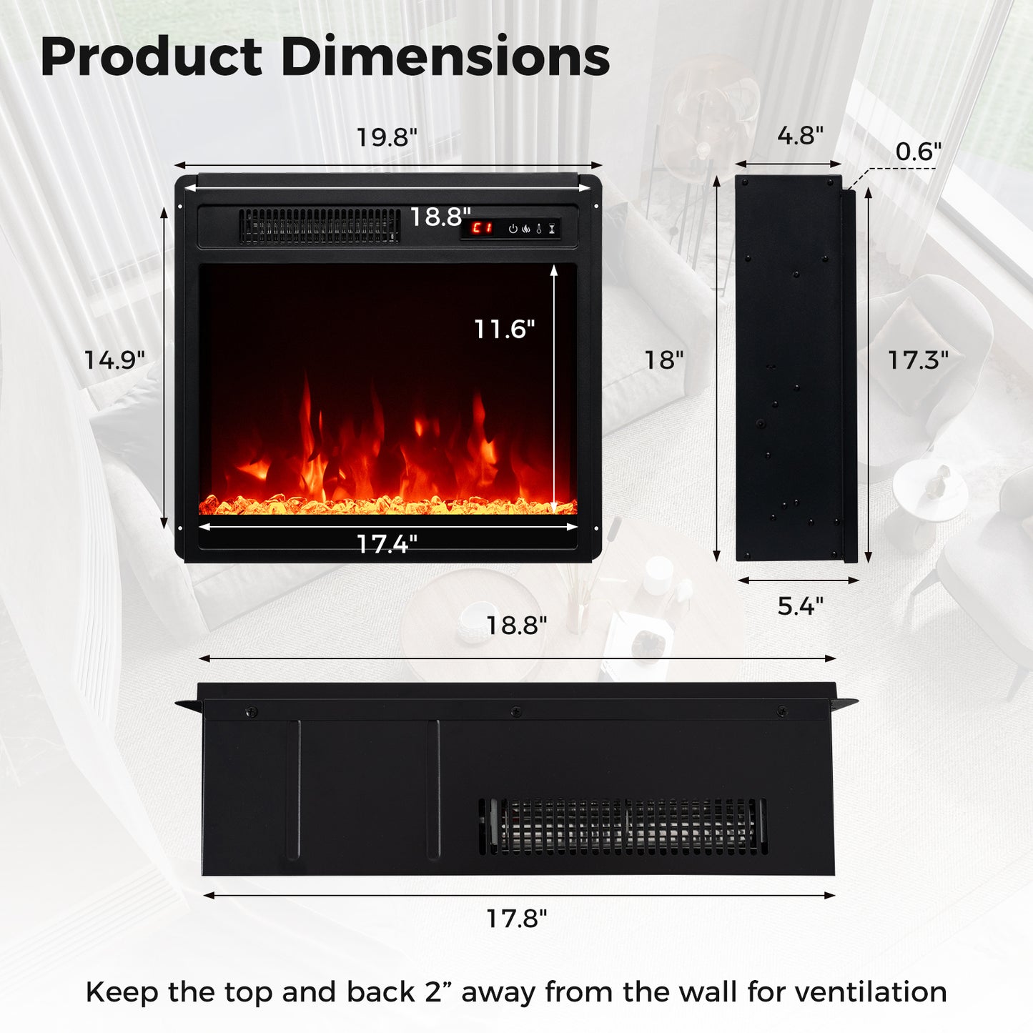 18 Inch Electric Fireplace Heater Insert with Overheat Protection