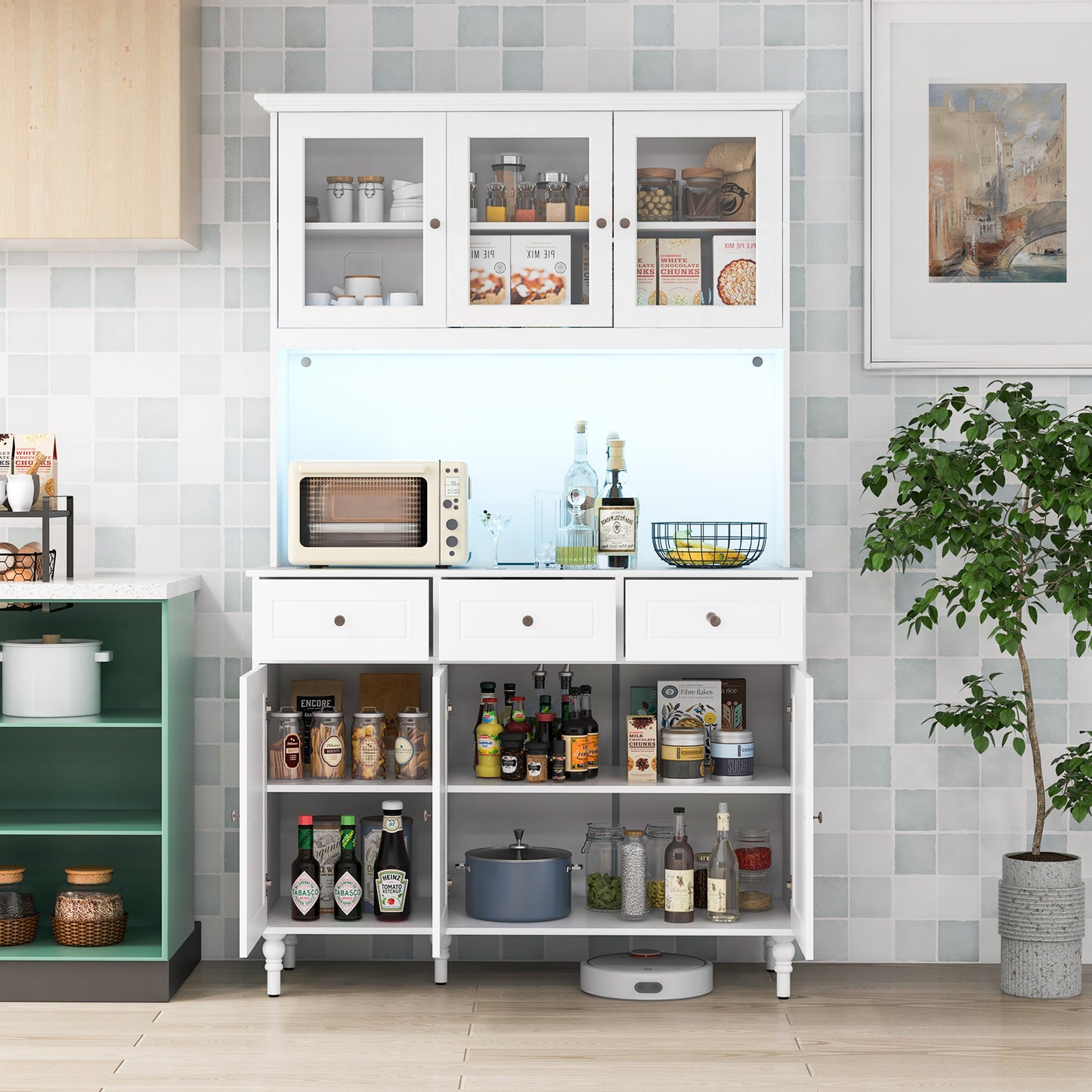 77 Inch Kitchen Pantry Cabinet with LED Lighting and Built-in Charging Station