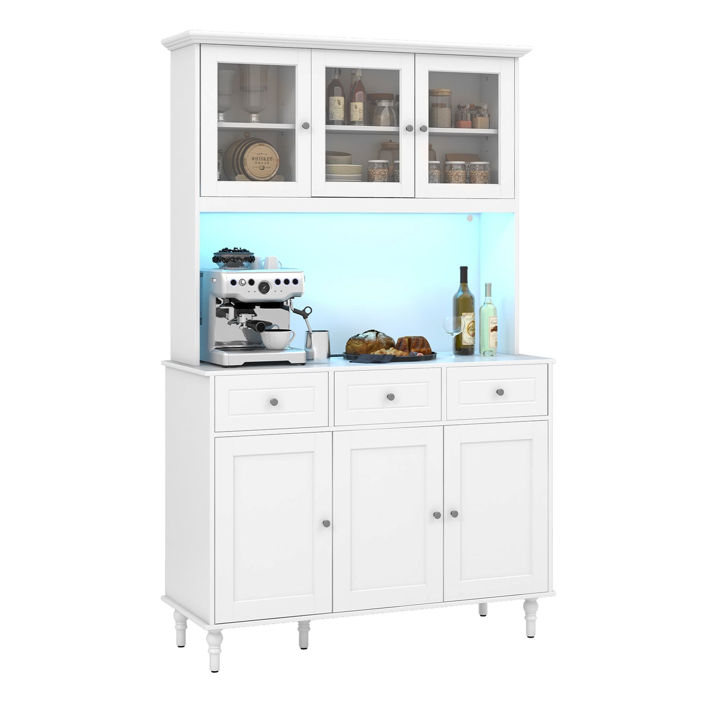 77 Inch Kitchen Pantry Cabinet with LED Lighting and Built-in Charging Station