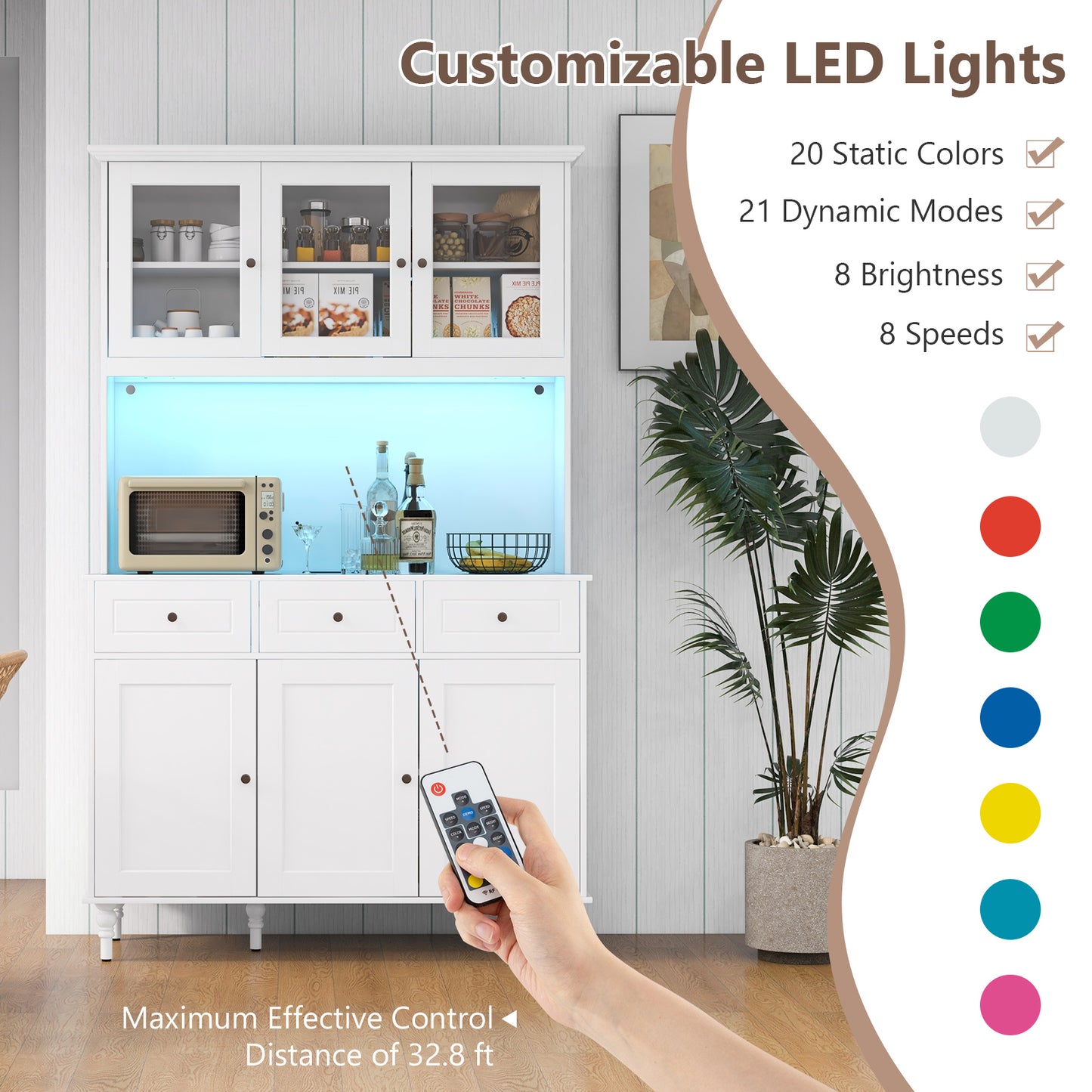 77 Inch Kitchen Pantry Cabinet with LED Lighting and Built-in Charging Station