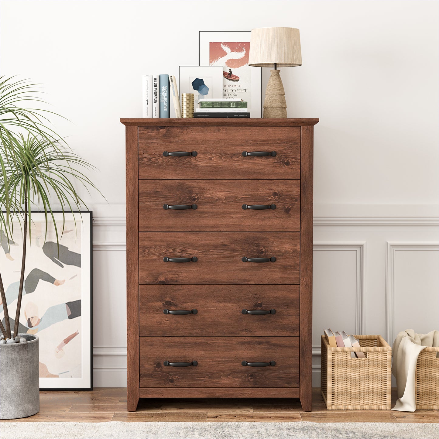 Tall 5-Drawer Dresser with Wood Top, Farmhouse Storage Cabinet for Bedroom or Living Room – Walnut