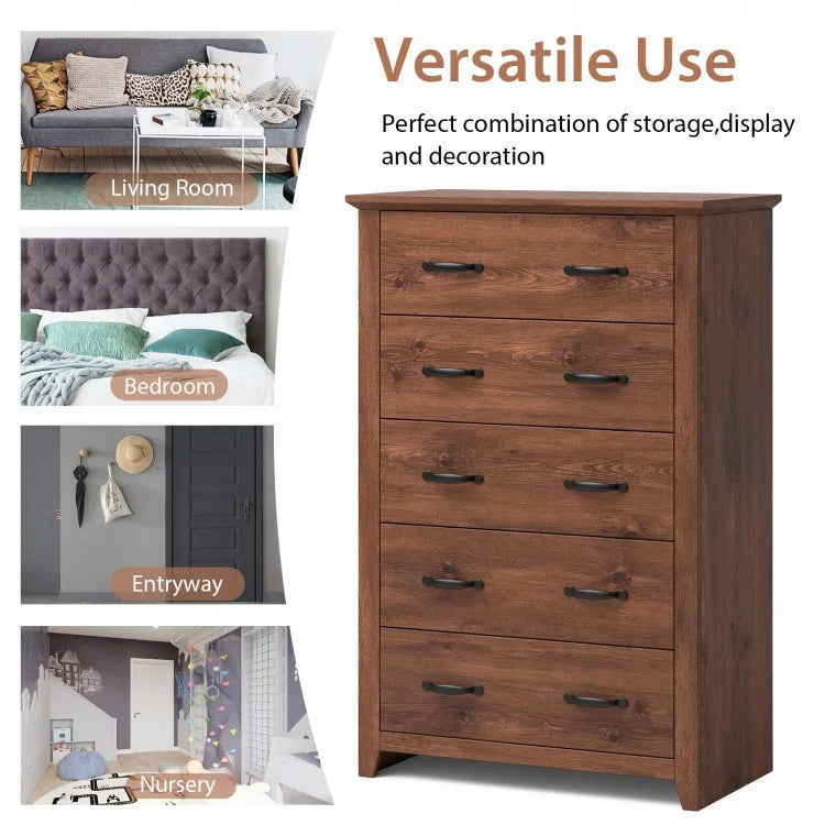 Tall 5-Drawer Dresser with Wood Top, Farmhouse Storage Cabinet for Bedroom or Living Room – Walnut
