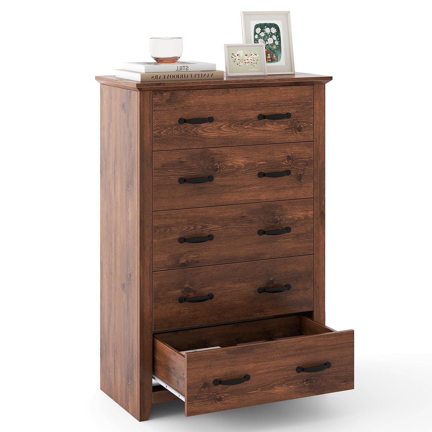 Tall 5-Drawer Dresser with Wood Top, Farmhouse Storage Cabinet for Bedroom or Living Room – Walnut