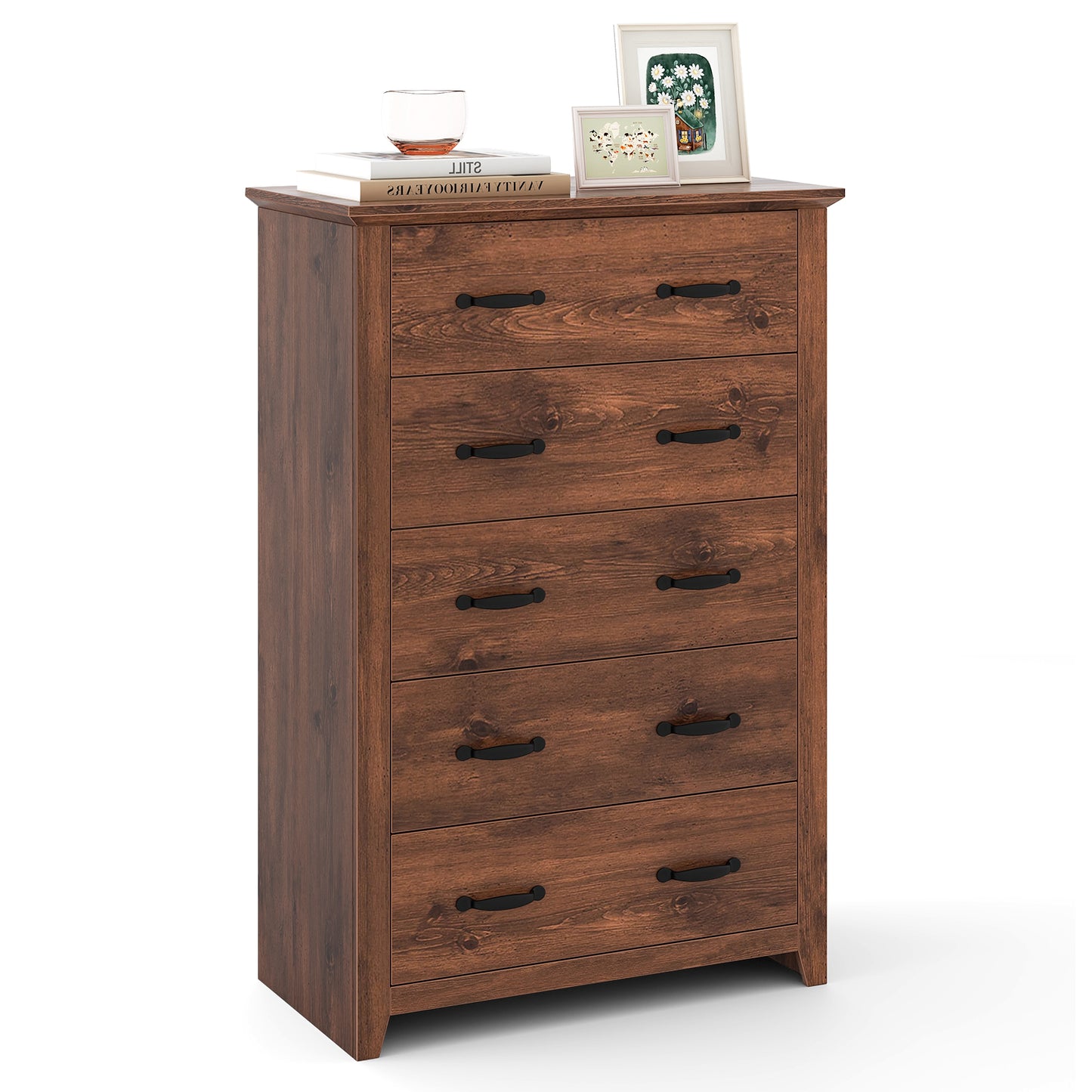 Tall 5-Drawer Dresser with Wood Top, Farmhouse Storage Cabinet for Bedroom or Living Room – Walnut