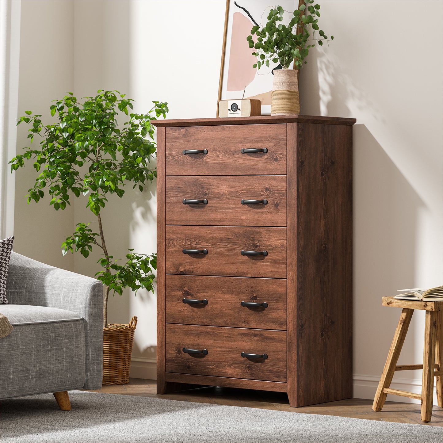 Tall 5-Drawer Dresser with Wood Top, Farmhouse Storage Cabinet for Bedroom or Living Room – Walnut