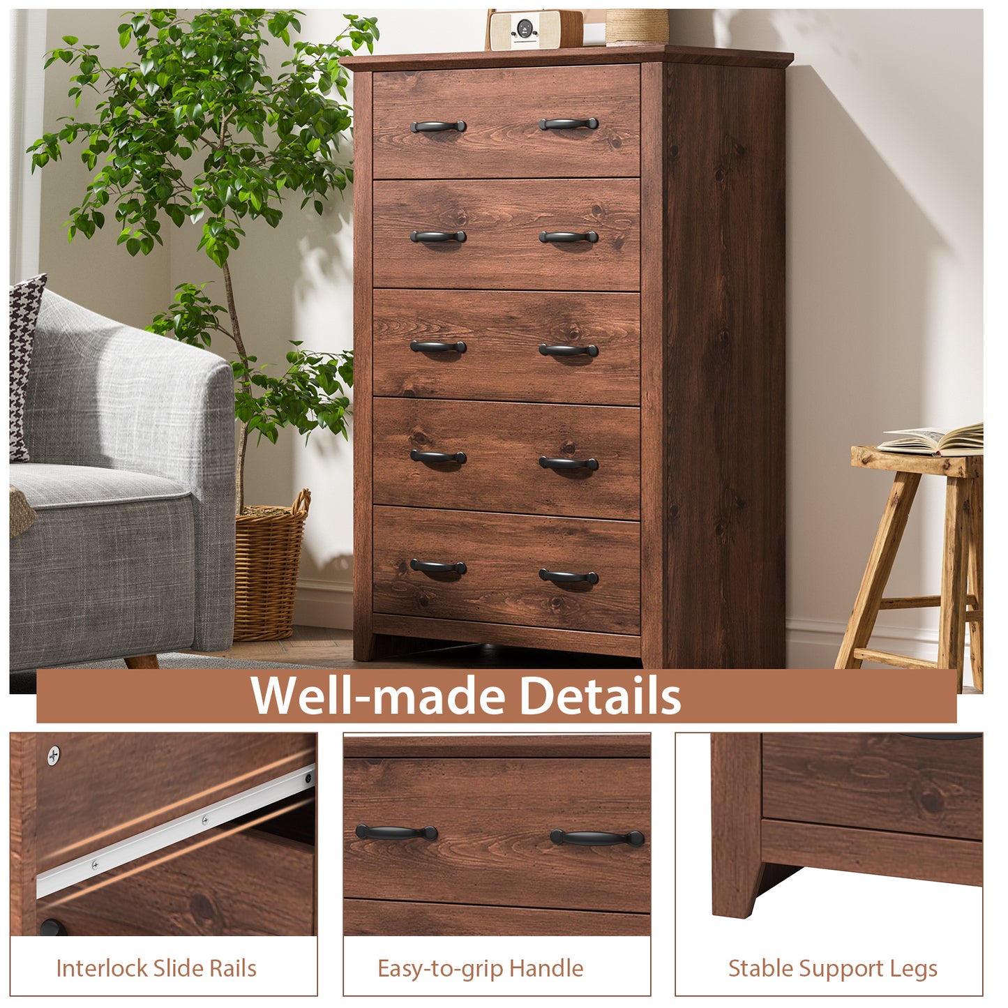 Tall 5-Drawer Dresser with Wood Top, Farmhouse Storage Cabinet for Bedroom or Living Room – Walnut