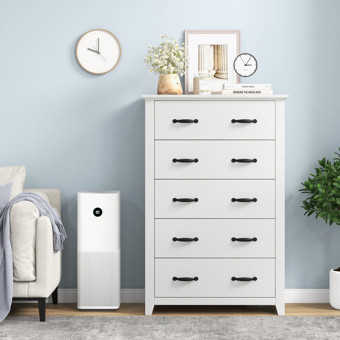 Tall 5-Drawer Dresser with Wood Top, Farmhouse Storage Cabinet for Bedroom or Living Room – White