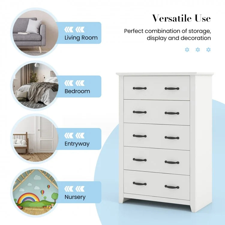 Tall 5-Drawer Dresser with Wood Top, Farmhouse Storage Cabinet for Bedroom or Living Room – White