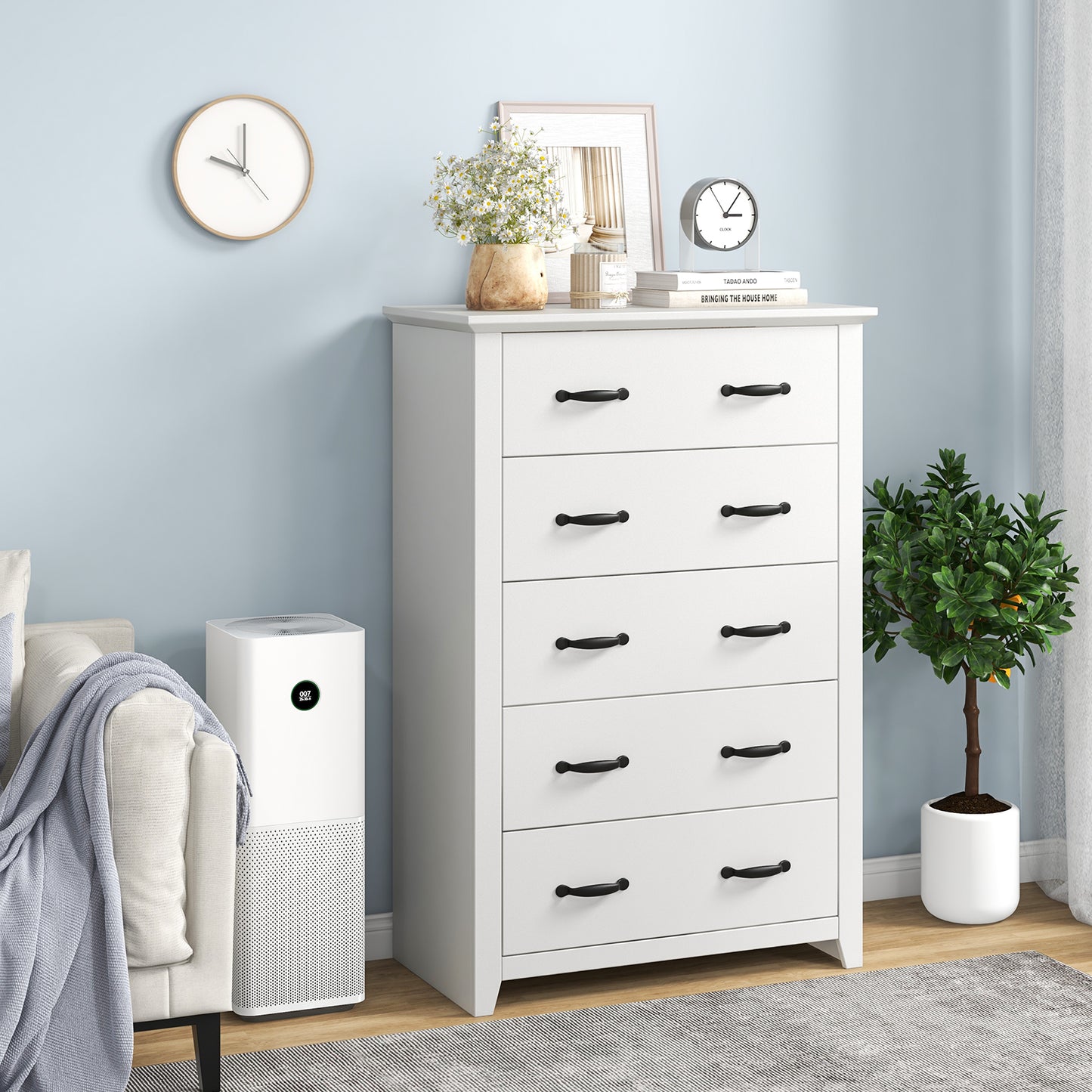 Tall 5-Drawer Dresser with Wood Top, Farmhouse Storage Cabinet for Bedroom or Living Room – White