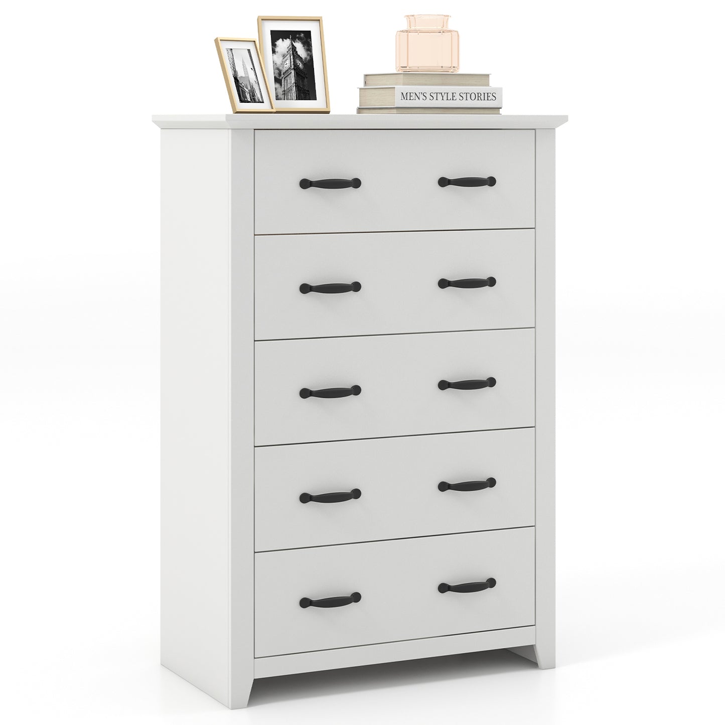 Tall 5-Drawer Dresser with Wood Top, Farmhouse Storage Cabinet for Bedroom or Living Room – White