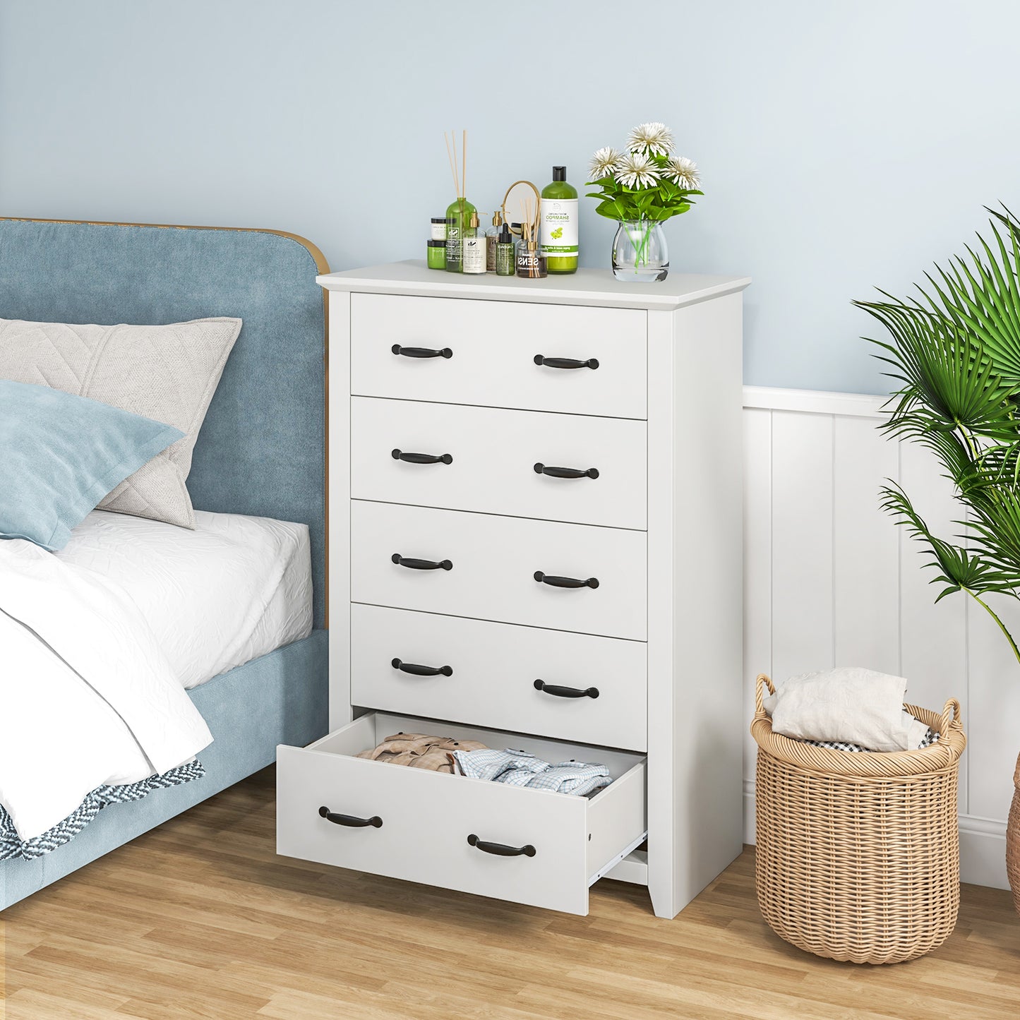 Tall 5-Drawer Dresser with Wood Top, Farmhouse Storage Cabinet for Bedroom or Living Room – White